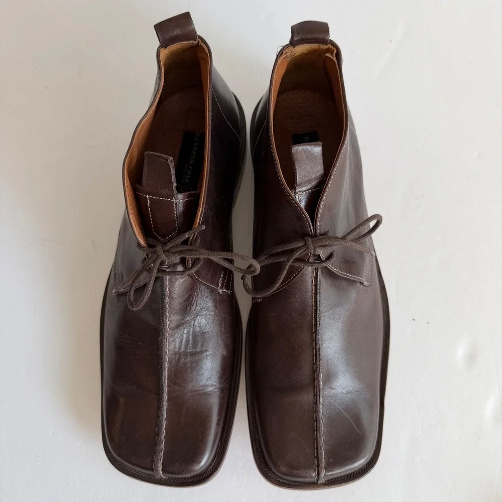 Kenneth Cole Y2K Brown Leather‎ Chukka Boots 12 Italy Square Toe Euro Minimalist
